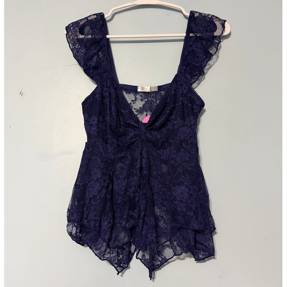 Avidlove M Blue Floral Lace Babydoll Top Sheer Flutter Sleeve Handkerchief Hem